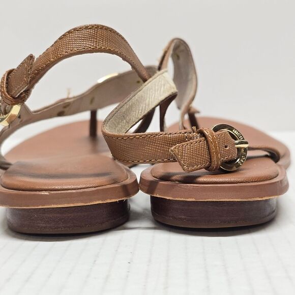 MICHAEL Michael Kors Gold Logo Plate Brown Leather Thong Sandals 9 - Picture 3 of 7